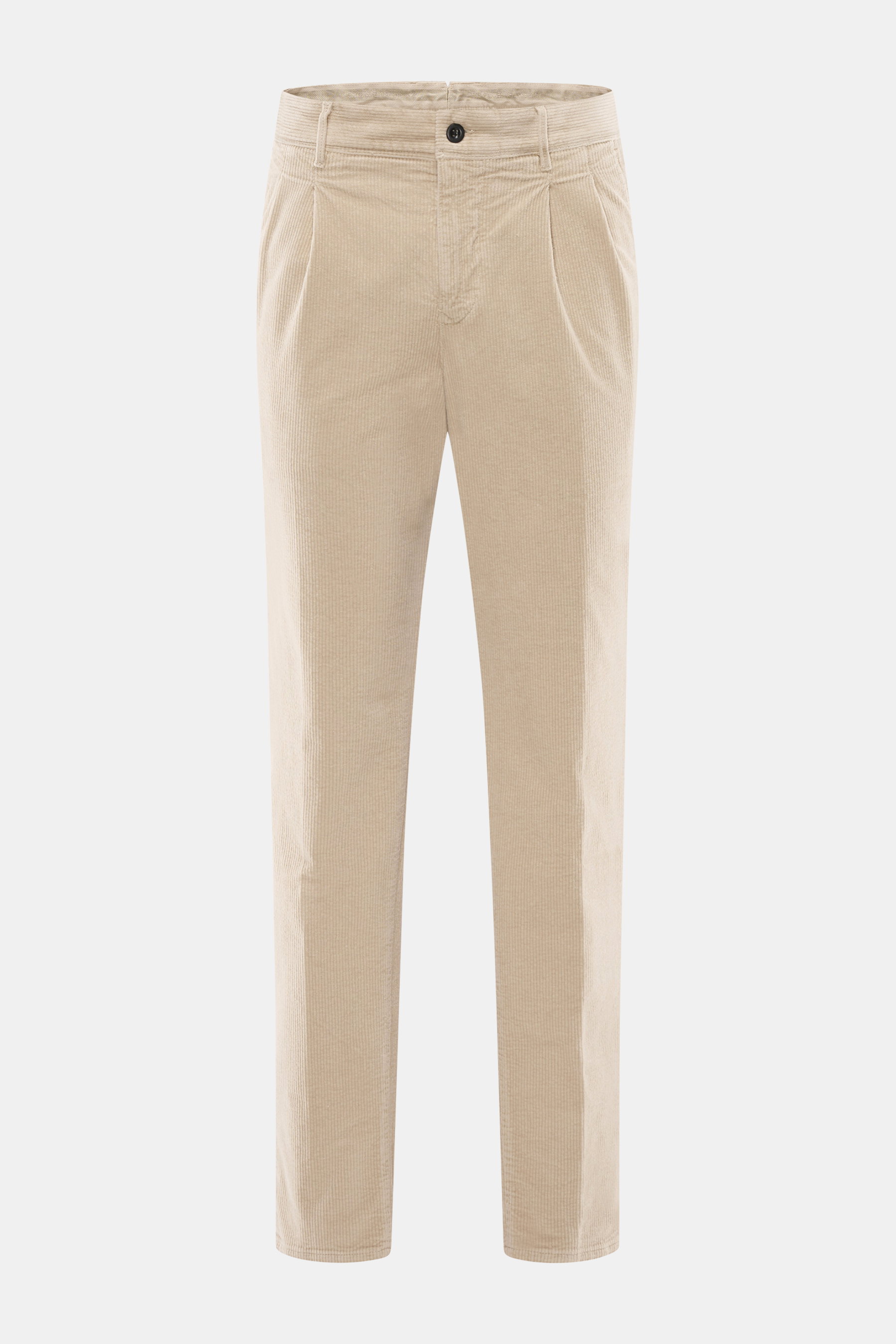 Front view of Incotex Corduroy Pants Beige in cotton corduroy with slightly elastic quality, soft touch, regular fit, very tapered, zip fly, double waistband pleat, French pockets, and piped back pockets with button.