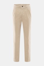 Front view of Incotex Corduroy Pants Beige in cotton corduroy with slightly elastic quality, soft touch, regular fit, very tapered, zip fly, double waistband pleat, French pockets, and piped back pockets with button.