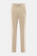 Front view of Incotex Corduroy Pants Beige in cotton corduroy with slightly elastic quality, soft touch, regular fit, very tapered, zip fly, double waistband pleat, French pockets, and piped back pockets with button.