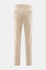 Incotex Corduroy Pants Beige shown from the back, featuring cotton corduroy, slightly elastic quality, soft touch, regular fit, very tapered, zip fly, double waistband pleat, French pockets, and piped back pockets with button.