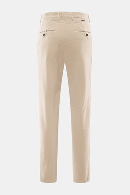 Incotex Corduroy Pants Beige shown from the back, featuring cotton corduroy, slightly elastic quality, soft touch, regular fit, very tapered, zip fly, double waistband pleat, French pockets, and piped back pockets with button.