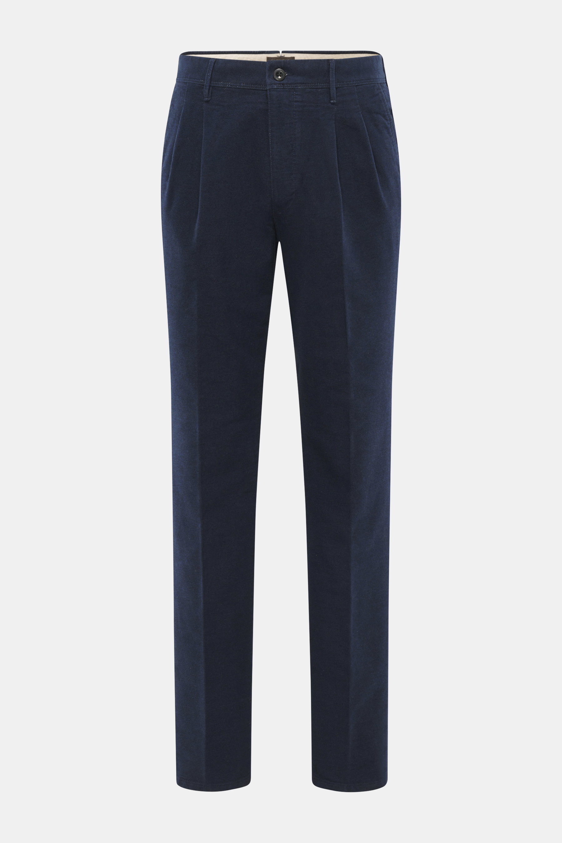 Front view of Incotex Cotton trousers navy in twill made of slightly elastic cotton, soft brushed quality, tapered fit with narrow tapering, zipper and waistband button, double waistband pleat, french pockets, back pockets with button, and tonal logo stit