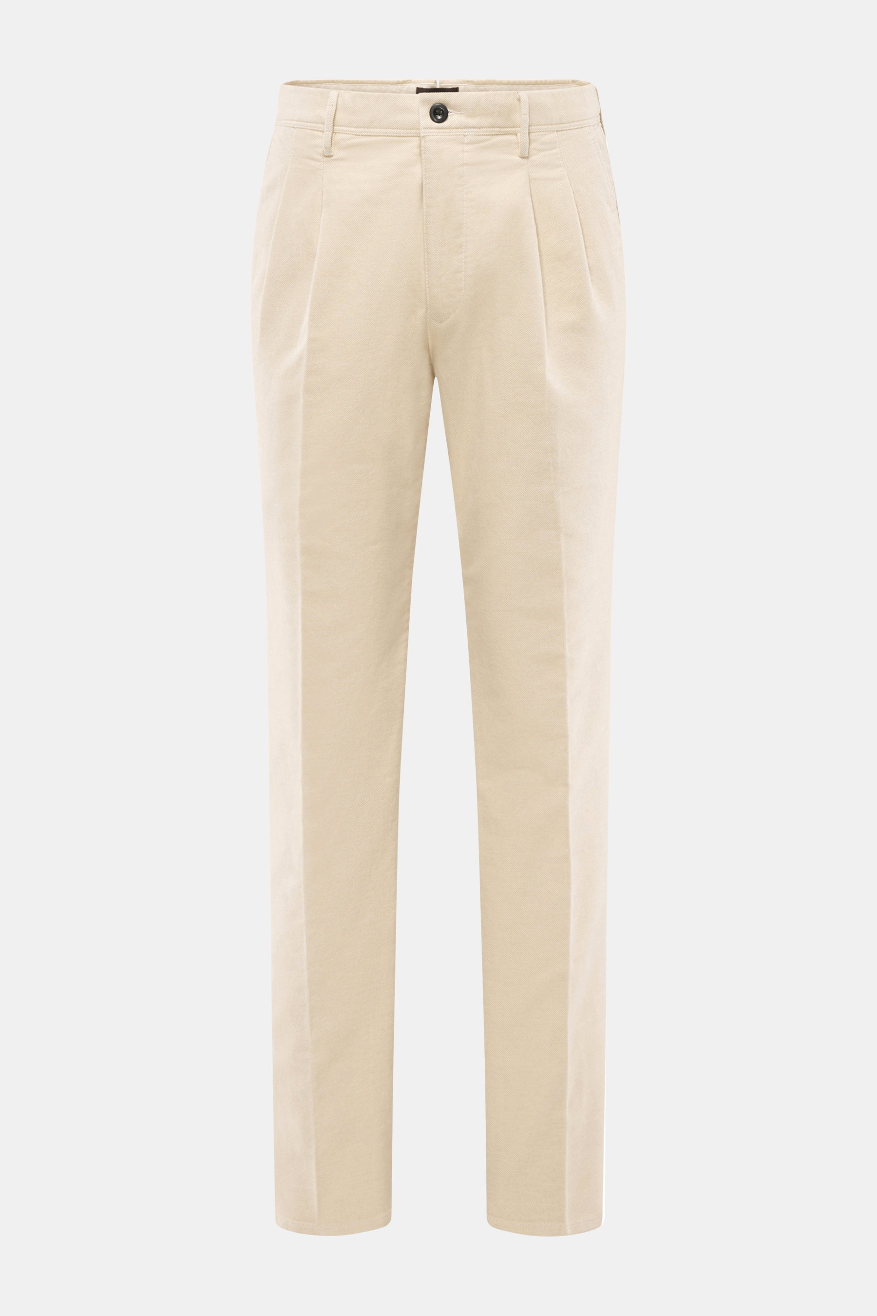 Front view of Incotex Cotton trousers sand in a soft, brushed sand twill made of slightly elastic cotton, tapered fit with narrow tapering, zipper and waistband button, double waistband pleat, french pockets, back pockets with button, and tonal logo stitc