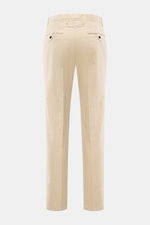 Incotex Cotton trousers sand shown from the back, twill made of slightly elastic cotton, soft brushed quality, tapered fit, narrow tapering, zipper and waistband button, double waistband pleat, French pockets, back pockets with button, tonal logo stitchin