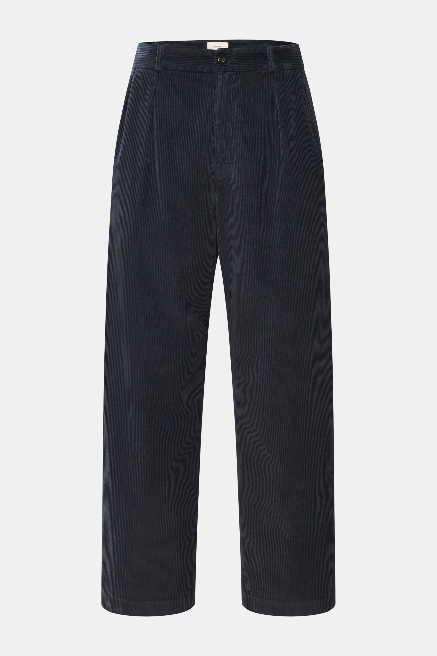 The Row Cordhose 'Tuxo Pant' navy aus samtigem Baumwoll-Cord, frontale Nahaufnahme, tapered Fit, knöchellang, mit Bundknopf, Reißverschluss, Taschen.