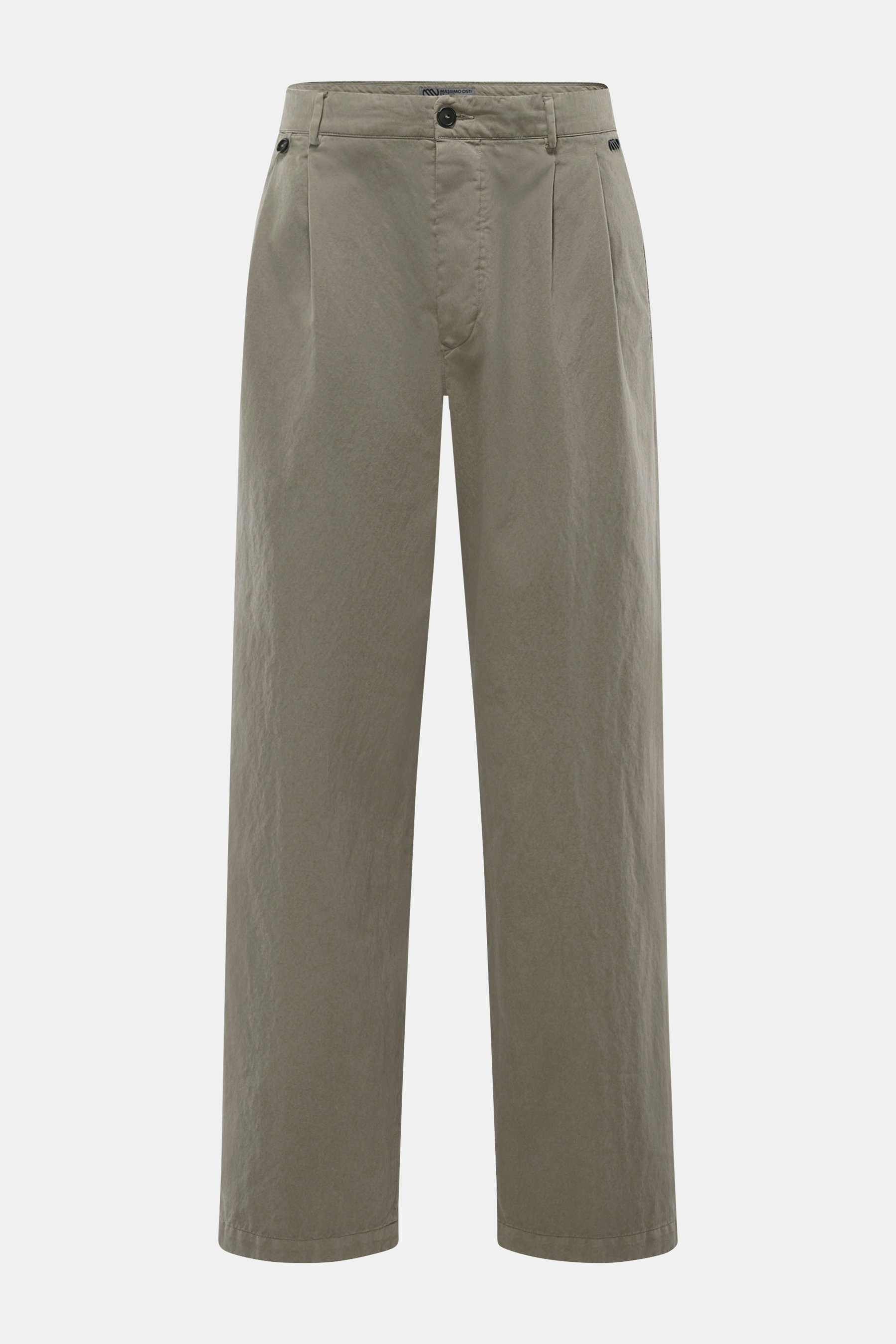Front view of Massimo Osti Studio Trousers grey green in a loose fit with straight cut, button fly, small watch pocket, double waistband pleat, piped pockets, back pockets with flap and button, made of a mix of cotton and microfiber with smooth touch and 