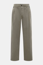 Front view of Massimo Osti Studio Trousers grey green in a loose fit with straight cut, button fly, small watch pocket, double waistband pleat, piped pockets, back pockets with flap and button, made of a mix of cotton and microfiber with smooth touch and 