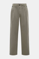 Front view of Massimo Osti Studio Trousers grey green in a loose fit with straight cut, button fly, small watch pocket, double waistband pleat, piped pockets, back pockets with flap and button, made of a mix of cotton and microfiber with smooth touch and 