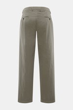 Massimo Osti Studio Trousers grey green shown from the back, made of a cotton and microfiber mix with a smooth touch, loose fit, straight cut, button fly, small watch pocket, double waistband pleat, piped pockets, back pockets with flap and button, and so