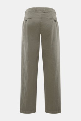Massimo Osti Studio Trousers grey green shown from the back, made of a cotton and microfiber mix with a smooth touch, loose fit, straight cut, button fly, small watch pocket, double waistband pleat, piped pockets, back pockets with flap and button, and so
