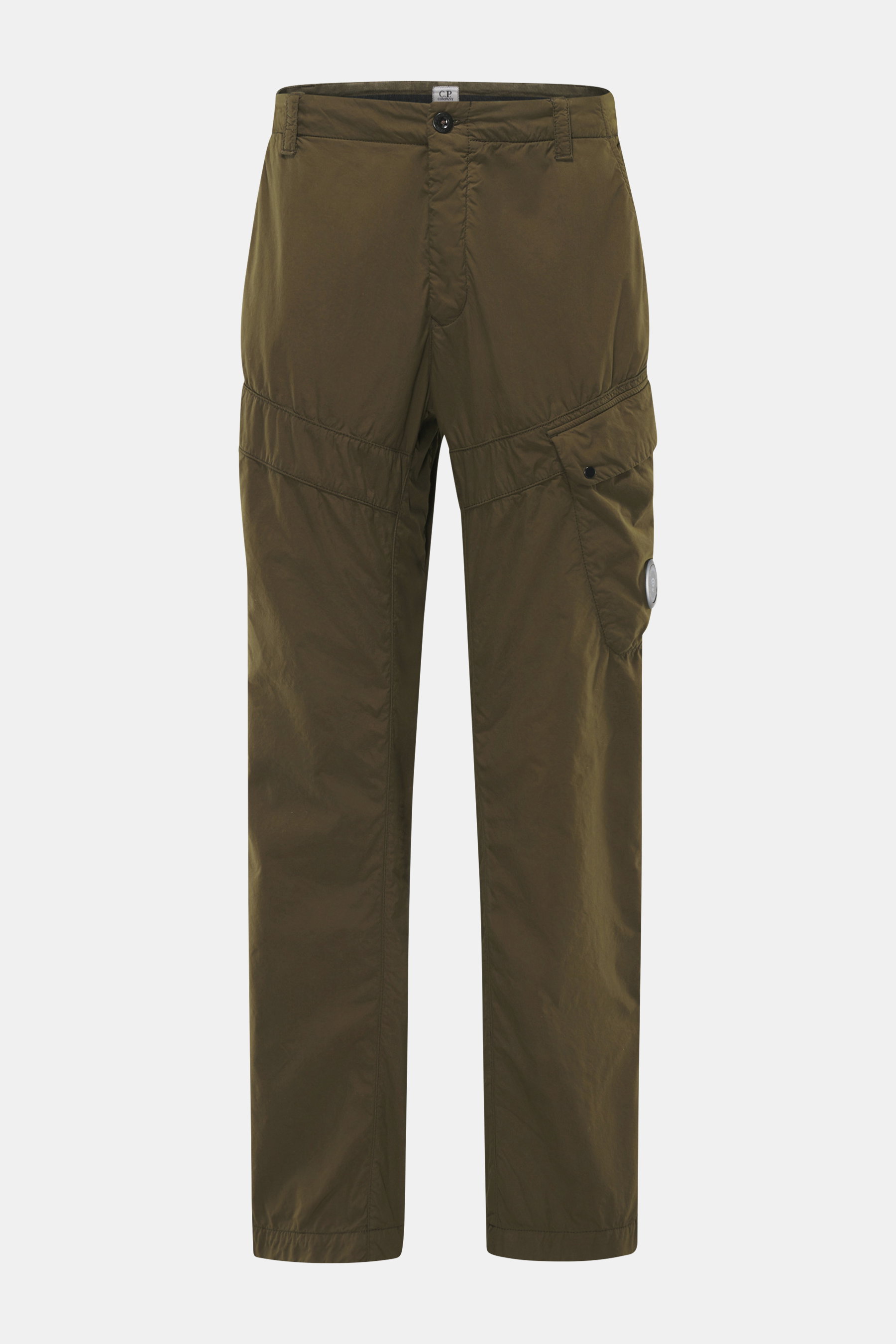 Front view of C.P. Company Cargo pants olive in high-quality microfiber with soft feel, tapered fit, straight short cut, zipper and waistband button, French pockets, practical cargo pockets, back pocket with flap, and label-typical lens detail.