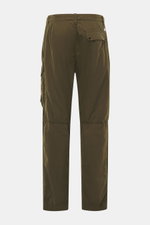 C.P. Company Cargo pants olive shown from the back, made of high-quality microfiber with soft feel, tapered fit, straight short cut, zipper and waistband button, French pockets, practical cargo pockets, back pocket with flap, and label-typical lens detail