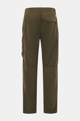 C.P. Company Cargo pants olive shown from the back, made of high-quality microfiber with soft feel, tapered fit, straight short cut, zipper and waistband button, French pockets, practical cargo pockets, back pocket with flap, and label-typical lens detail