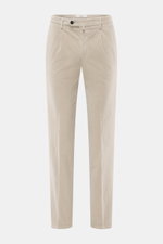 Front view of Briglia 1949 Corduroy pants beige, tapered fit, ankle-length, soft cotton-modal blend with stretch, zipper, button, pleat, French pockets, flap back pockets.