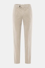 Front view of Briglia 1949 Corduroy pants beige, tapered fit, ankle-length, soft cotton-modal blend with stretch, zipper, button, pleat, French pockets, flap back pockets.