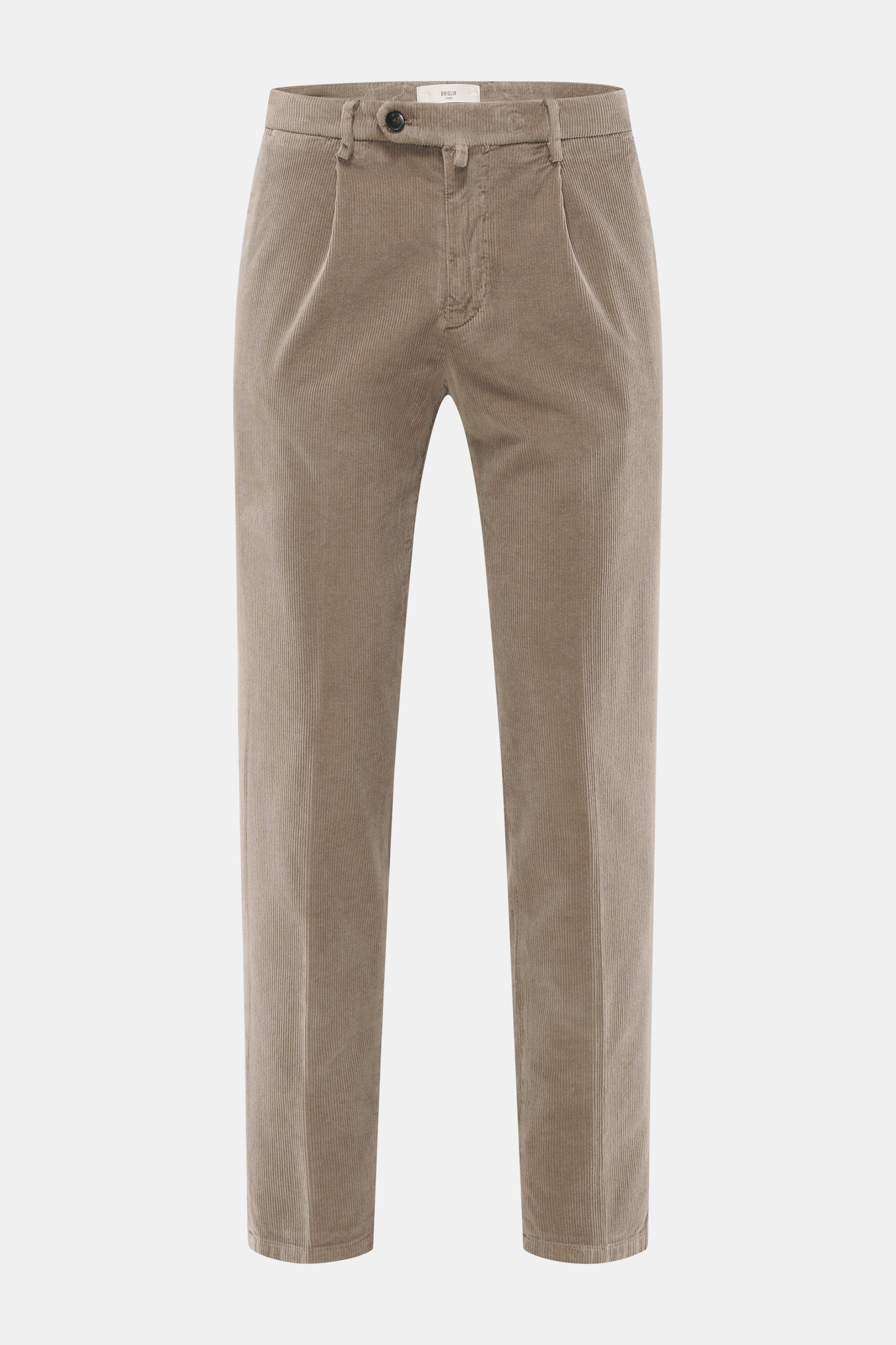 Front view of Briglia 1949 Corduroy pants taupe in tapered fit, cotton-modal blend with stretch, soft touch, ankle length, pleats, and pockets.