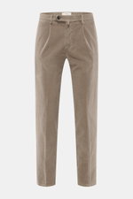 Front view of Briglia 1949 Corduroy pants taupe in tapered fit, cotton-modal blend with stretch, soft touch, ankle length, pleats, and pockets.