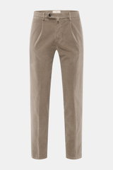 Front view of Briglia 1949 Corduroy pants taupe in tapered fit, cotton-modal blend with stretch, soft touch, ankle length, pleats, and pockets.