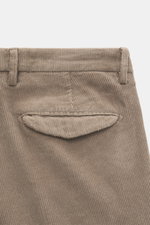 Close-up rear view of Briglia 1949 Corduroy pants taupe showing soft cotton-modal fabric, tapered fit, waistband, belt loops, and flap back pocket.
