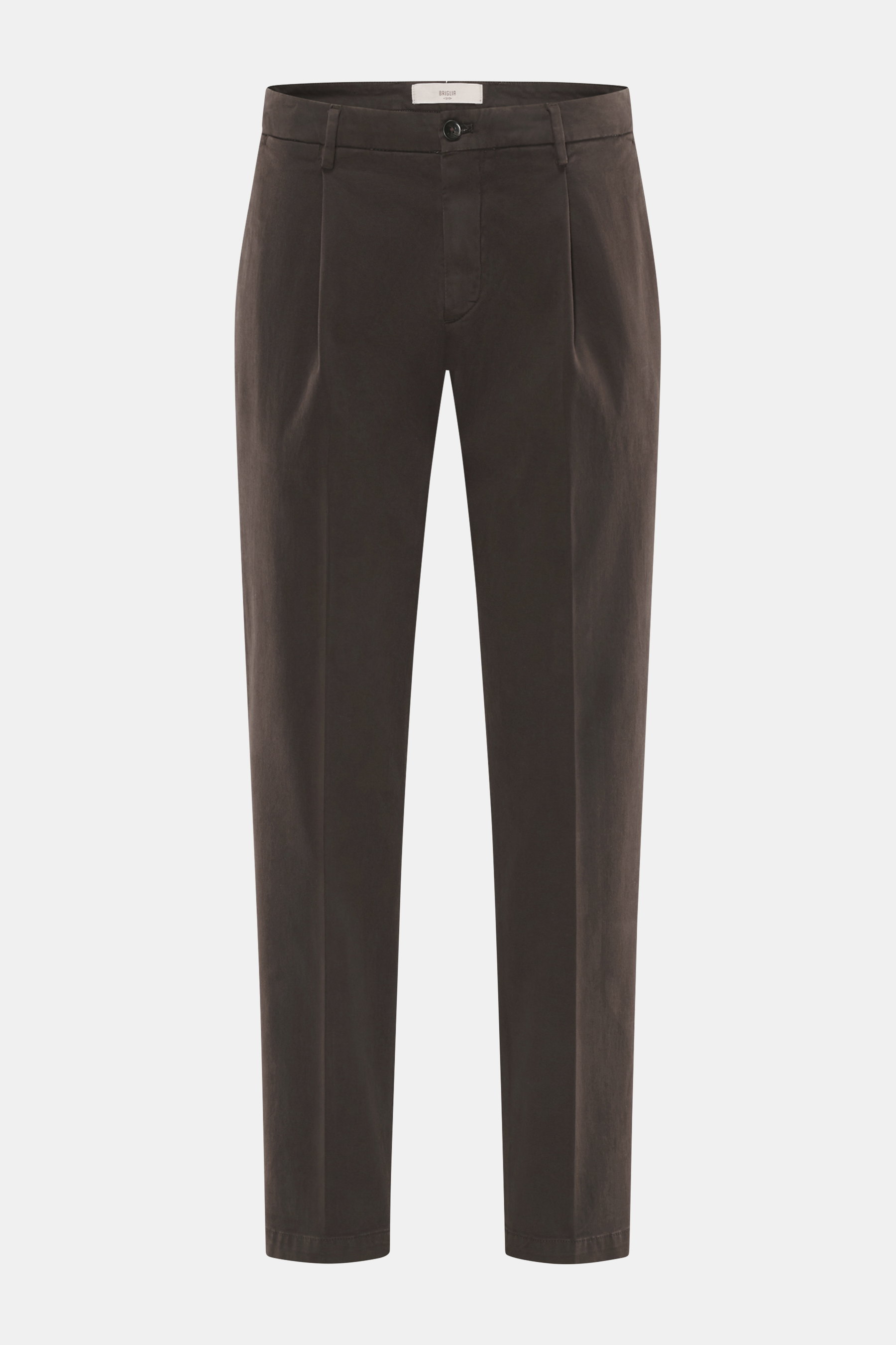 Briglia 1949 Chino dunkelbraun, frontal fotografiert, knöchellang, tapered Fit, elastische Baumwolle, Bund mit Knopf, französische Taschen, elegante Silhouette.