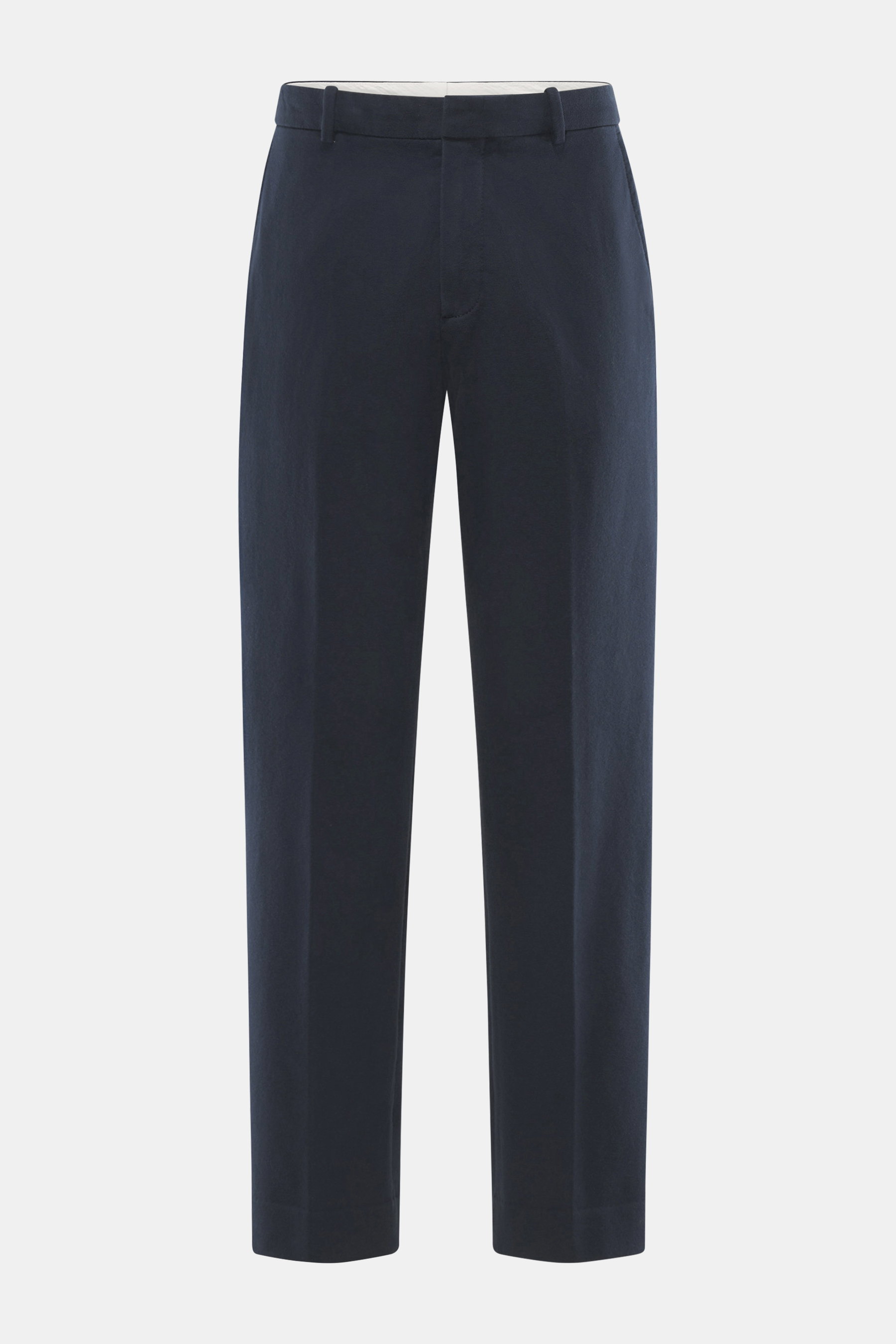 Circolo 1901 Jersey-Hose navy, knöchellang, weicher Baumwoll-Flanell, gerader Schnitt mit Reißverschluss, Bundknöpfen, französischen Taschen, frontal.