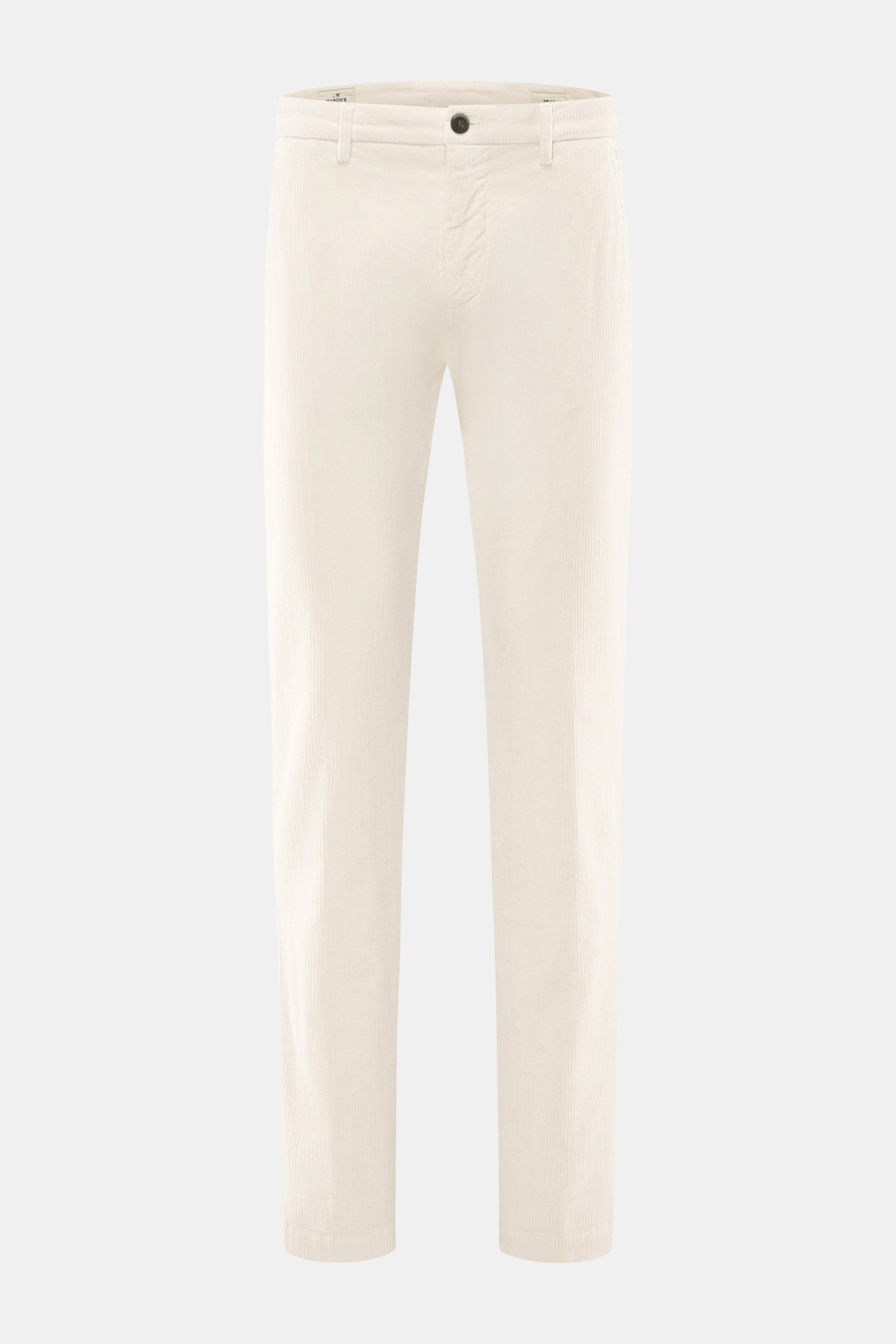 Mason's Cordhose 'Torino Style' offwhite, slim Fit Cordhose aus Baumwolle und Lyocell mit Stretch, frontal fotografiert, Bundknopf, Zip Fly, Taschen.