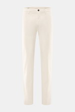 Front view of Mason's Corduroy Pants 'Torino Style' offwhite, slim fit, tapered, garment dyed cotton-lyocell with stretch, zip fly, button, French and piped back pockets.