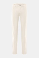 Front view of Mason's Corduroy Pants 'Torino Style' offwhite, slim fit, tapered, garment dyed cotton-lyocell with stretch, zip fly, button, French and piped back pockets.