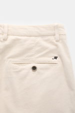 Close-up rear view of Mason's Corduroy Pants 'Torino Style' offwhite, showing soft cotton and lyocell corduroy, slim fit, tapered design, piped back pocket with button, and belt loops, highlighting garment-dyed, slightly elastic fabric for high comfort. W