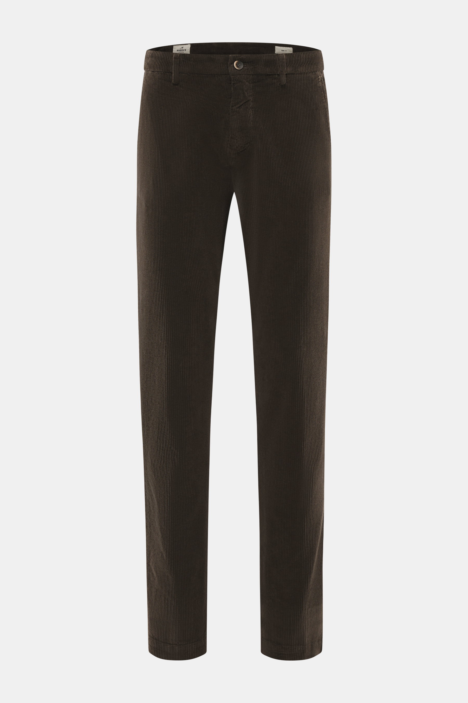 Frontale Ansicht der Mason's Cordhose 'Torino Style' graubraun aus Baumwolle und Lyocell, Slim Fit mit Zip Fly, Bundknopf, französischen Taschen.