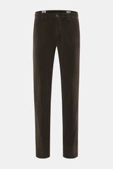 Mason's Corduroy Pants 'Torino Style' grey brown front view, slim fit tapered corduroy with stretch, zip fly, button, French and piped back pockets. Would you like some cool corduroy pants? Then the 'Torino Style' model by MASON'S is just right for you, b