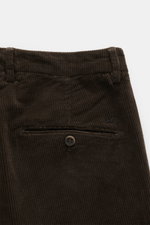 Mason's Corduroy Pants 'Torino Style' grey brown shown from a close-up rear view, featuring corduroy cotton-lyocell fabric, slim fit, tapered legs, soft touch, garment dyed, zip fly, waistband button, French pockets, and piped back pockets with button. Wo