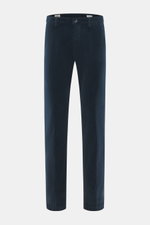 Front view of Mason's Corduroy Pants 'Torino Style' navy, slim fit, tapered, soft touch corduroy made of cotton and lyocell with stretch, zip fly, waistband button, French pockets, piped back pockets with button, garment dyed for highest wearing comfort.