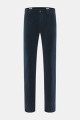 Front view of Mason's Corduroy Pants 'Torino Style' navy, slim fit, tapered, soft touch corduroy made of cotton and lyocell with stretch, zip fly, waistband button, French pockets, piped back pockets with button, garment dyed for highest wearing comfort.