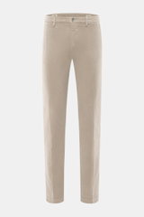 Mason's Corduroy Pants 'Torino Style' grey shown front view, slim fit tapered corduroy pants made of cotton and lyocell with stretch, zip fly, button, French pockets, piped back pockets with button, soft touch, garment dyed for comfort.