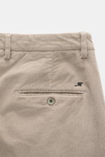 Close-up image of Mason's Corduroy Pants 'Torino Style' grey, photographed from the back waist perspective, showing corduroy cotton-lyocell fabric, slim tapered fit, zip fly, waistband button, French pockets, piped back pockets with button, slightly elast