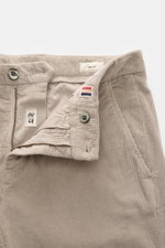 Mason's Corduroy Pants 'Torino Style' grey shown from above with open zip fly, waistband button, soft cotton-lyocell fabric, slim fit, tapered design.