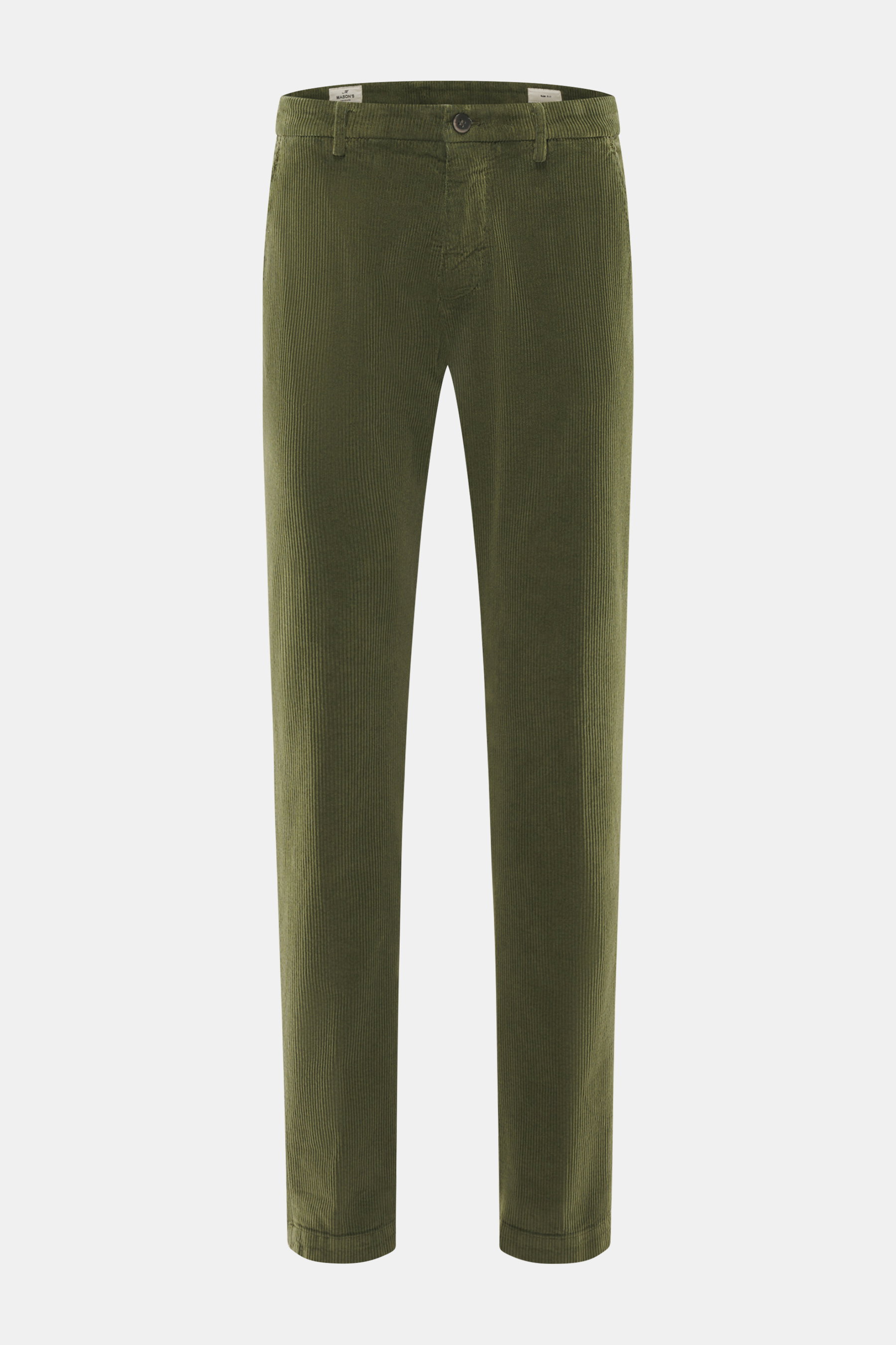 Mason's Cordhose 'Torino Style' dunkelgrün, slim fit, schmal zulaufend, Cord aus Baumwolle/Lyocell, Zip Fly, Bundknopf, französische Taschen, frontal fotografiert.