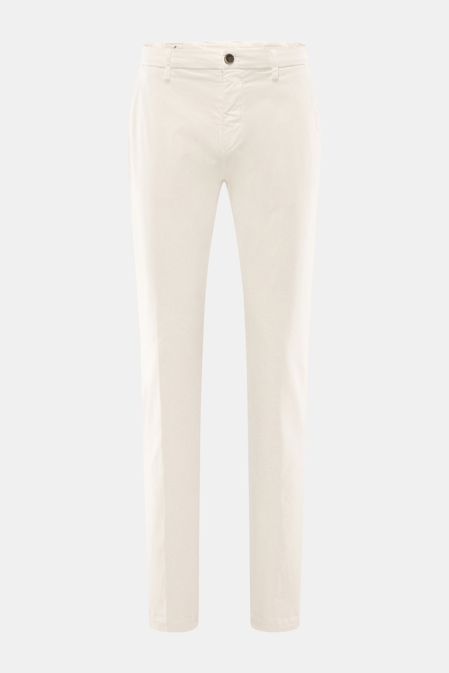 Mason's Chino "Torinostyle" creme, Slim Fit, schmal zulaufend, Mix aus Modal, Baumwolle, Microfaser, französische Taschen, Reißverschluss, Bundknöpfe, paspelierte Gesäßtaschen mit Knopf, Metallinitial, Frontansicht.