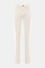 Front view of Mason's Chino 'Torinostyle' cream pants, slim and tapered fit, mix of modal, cotton, microfiber, soft touch, zipper and waistband buttons, French pockets, piped back pockets with button, typical metal initial.