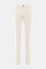 Front view of Mason's Chino 'Torinostyle' cream pants, slim and tapered fit, mix of modal, cotton, microfiber, soft touch, zipper and waistband buttons, French pockets, piped back pockets with button, typical metal initial.