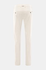Mason's Chino 'Torinostyle' cream shown from back, slim and tapered fit with soft touch, modal, cotton, microfiber, zipper, buttons, French and piped back pockets with button, typical metal initial.