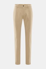 Front view of Mason's Chino 'Torinostyle' beige pants made from a mix of modal, cotton and microfiber, soft touch, slim fit, tapered fit, zipper and waistband buttons, French pockets, piped back pockets with button, and typical metal initial.