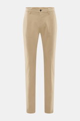 Front view of Mason's Chino 'Torinostyle' beige pants made from a mix of modal, cotton and microfiber, soft touch, slim fit, tapered fit, zipper and waistband buttons, French pockets, piped back pockets with button, and typical metal initial.