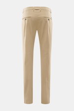 Mason's Chino 'Torinostyle' beige slim fit pants shown from the back, tapered fit, mix of modal, cotton, microfiber, soft touch, zipper and waistband buttons, french pockets, piped back pockets with button, typical metal initial.