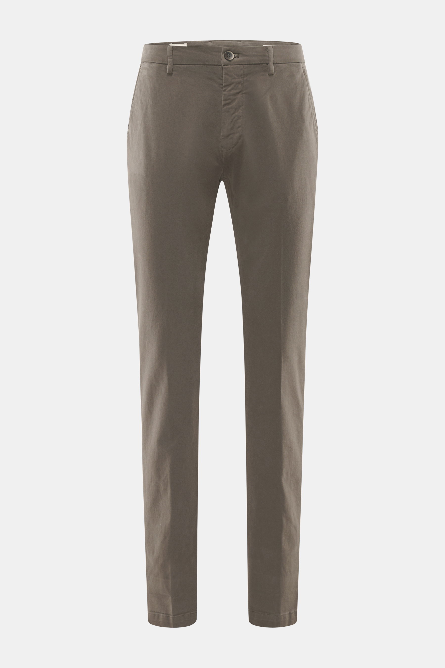 Mason's Chino 'Torinostyle' dunkelgrau, frontal fotografiert, Slim Fit, schmal zulaufend, Mix Modal, Baumwolle, Microfaser, Reißverschluss, Bundknöpfe, französische Taschen, paspelierte Gesäßtaschen mit Knopf, typisches Metallinitial, weicher Griff.