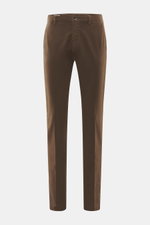 Front view of Mason's Chino 'Torinostyle' brown slim fit tapered pants, mix of modal, cotton, microfiber, soft touch, zipper and waistband buttons, french pockets, piped back pockets with button, typical metal initial.