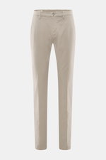 Front view of Mason's Chino 'Torinostyle' grey slim fit trousers made from a mix of modal, cotton, and microfiber with a soft touch, tapered fit, zipper and waistband buttons, French pockets, piped back pockets with button, and typical metal initial.