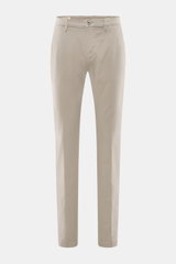 Front view of Mason's Chino 'Torinostyle' grey slim fit trousers made from a mix of modal, cotton, and microfiber with a soft touch, tapered fit, zipper and waistband buttons, French pockets, piped back pockets with button, and typical metal initial.
