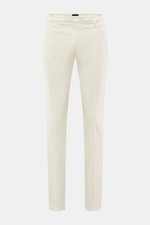 Dondup Chino 'Gaubert' creme, frontale Nahaufnahme schmal geschnittene Hose mit elastischer Qualität, Baumwolle-Lyocell-Mix, Reißverschluss, Slide Button, französische Taschen, Gesäßtaschen mit Knopf, Metall-Initial.